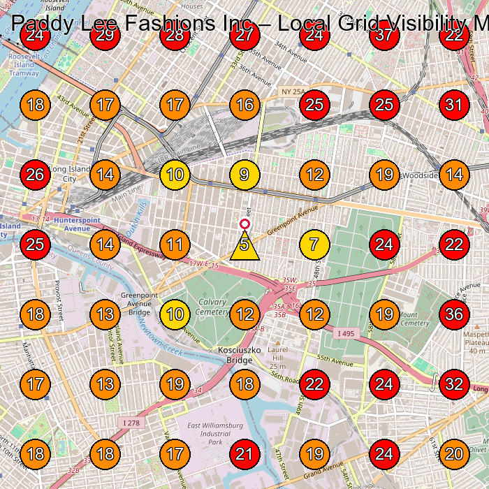 Paddy Lee Fashions Inc GeoGrid visibility map for Clothing Store in Queens